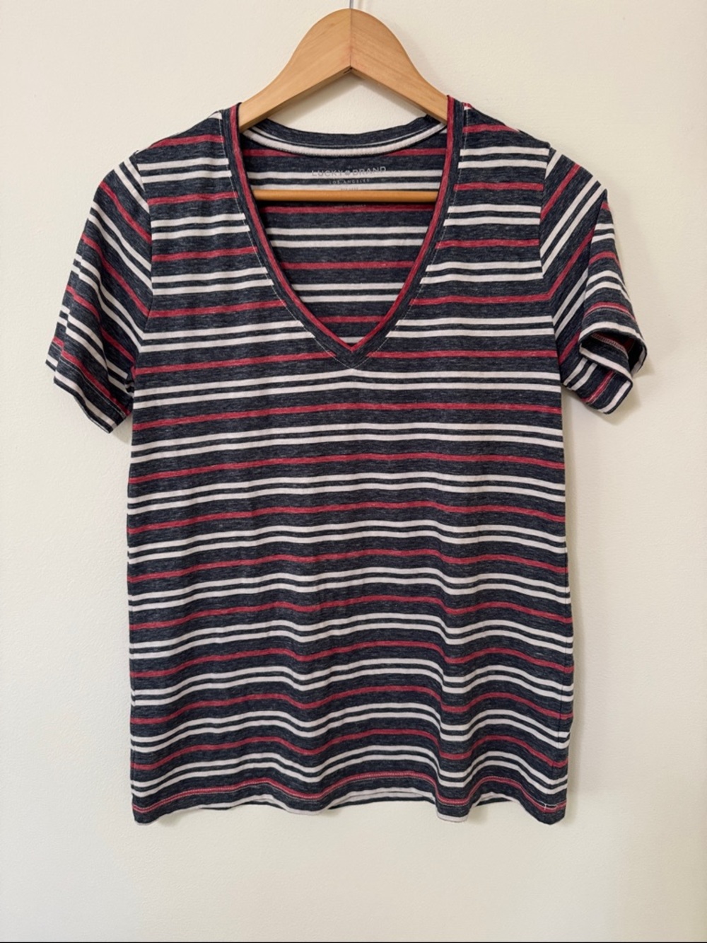 Striped V-Neck Women's Tee in Navy, White & Red